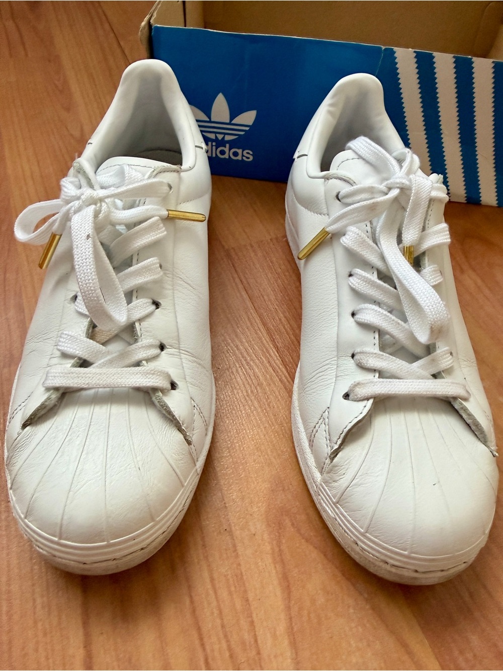 adidas White Leather Sneakers with Gold Lace Tips